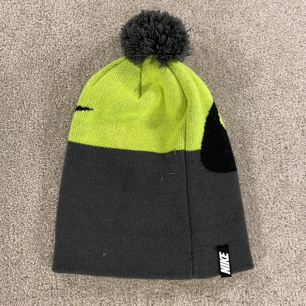Nike Beanie Hat Youth Boys One Size Grey Neon Green Pom Pom Swoosh
